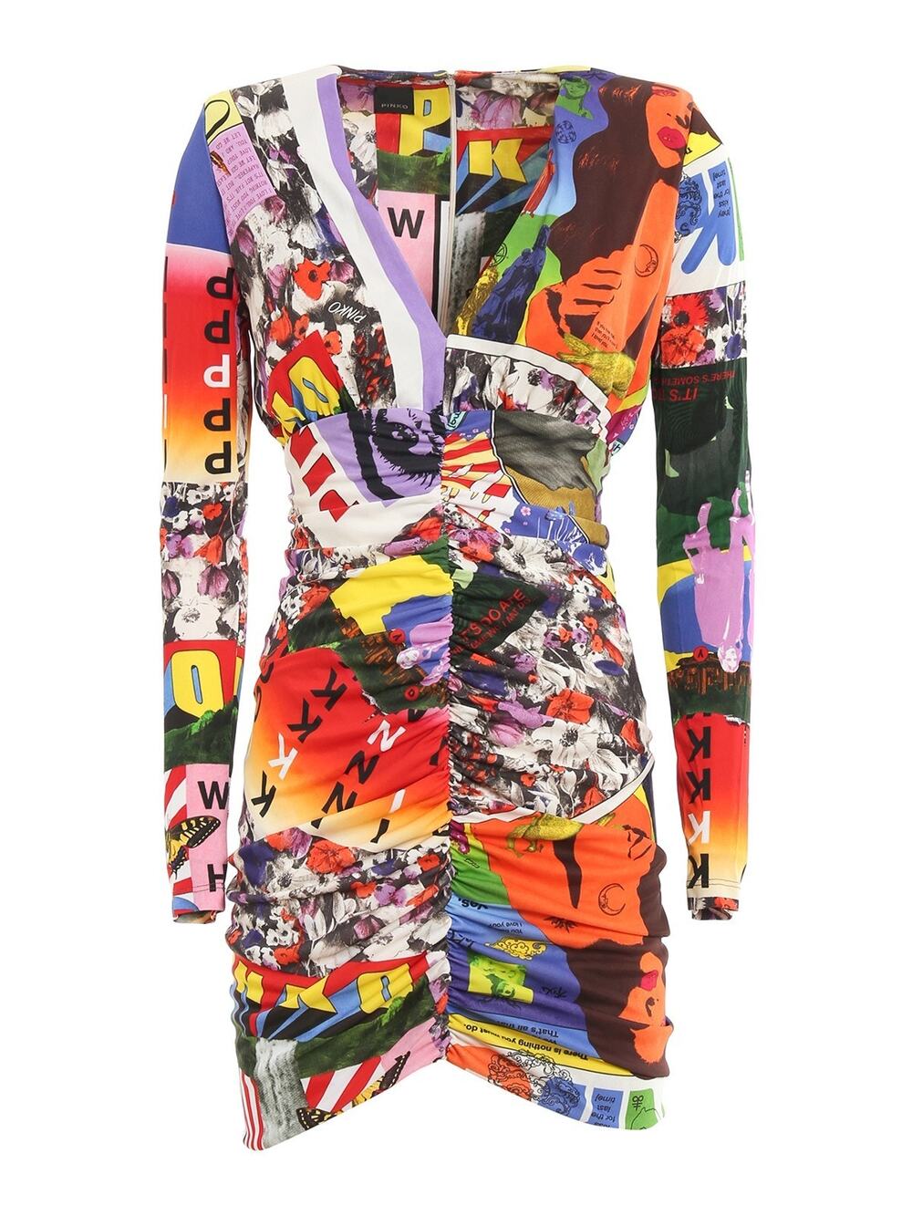 Pinko Coccole Draped Mini Dress Long Sleeve V Neck Multi Color Ruched XS